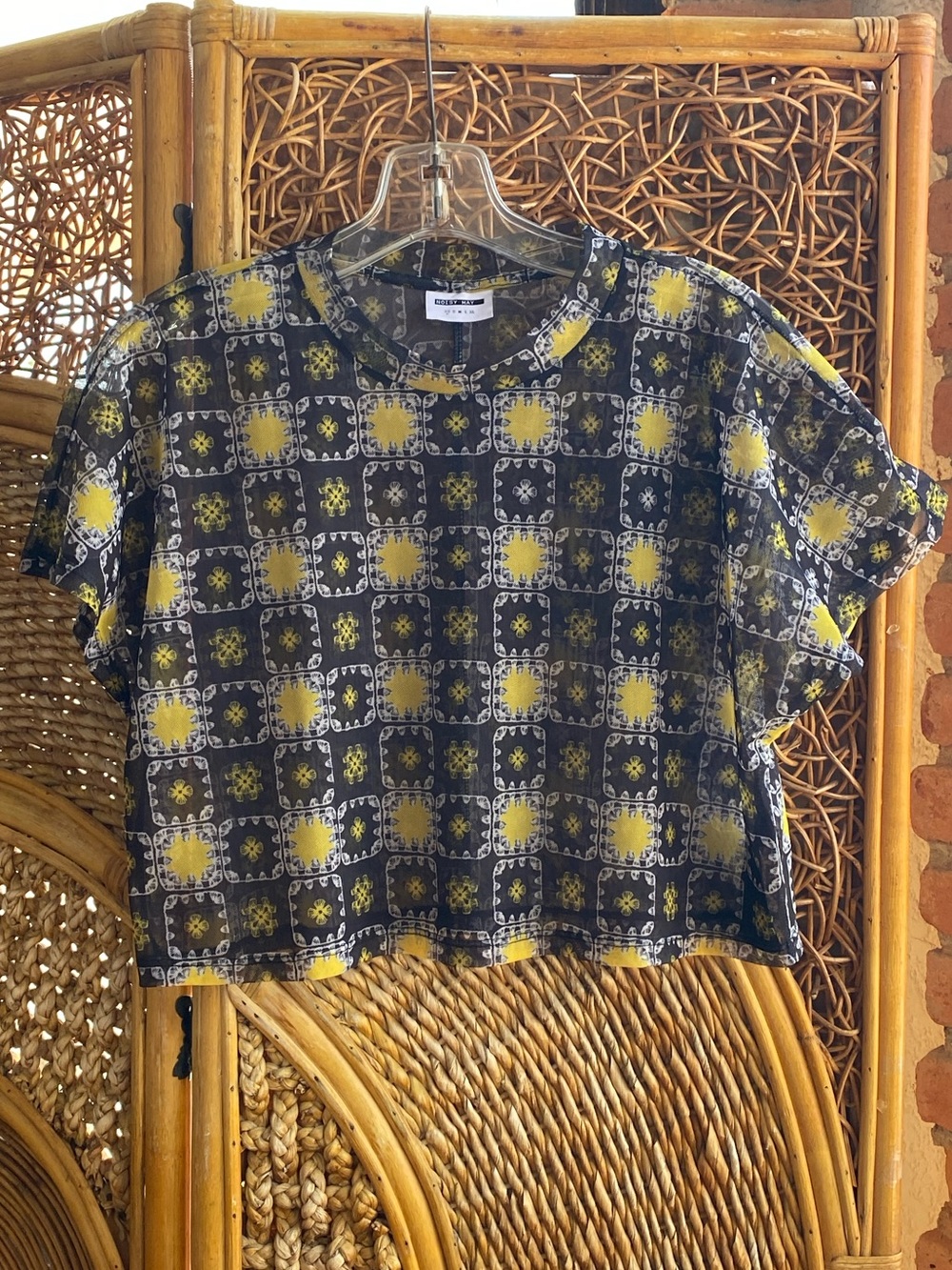 Noisy May Black & Yellow Cropped Printed Sheer Top